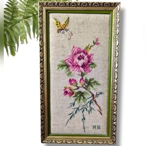 Vintage Framed Needlepoint  Butterfly & Flowers Wall Art Shabby Chic Boho Decor